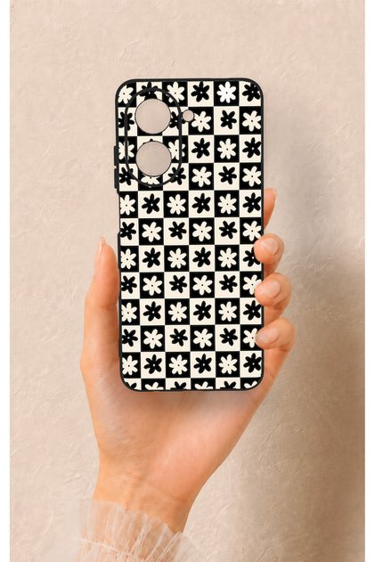 Redmi A5 Compatible Flower Motif Checkered Pattern Silicone Case