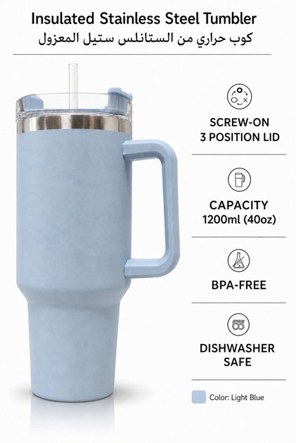 1200ml Insulated Stainless Steel Camping Tumbler With Hand-Grip & Straw, 40oz Large Thermal Coffee Mug, Vacuum Travel Cup, Cold & Hot Drink Flask (Light Blue)