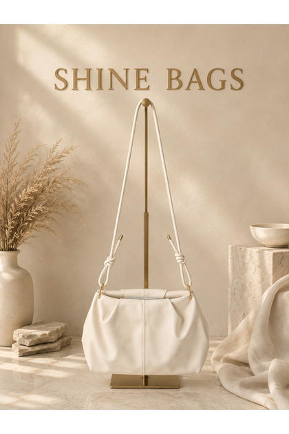 Soft Leather Drawstring Cream Women's Shoulder Bag with Adjustable Strap and Knot Detail, Zipper Closure