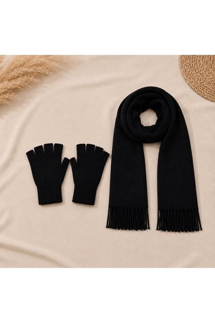 Unisex 2-Piece Winter Set | Atki+Fingerless Gloves | Black Set