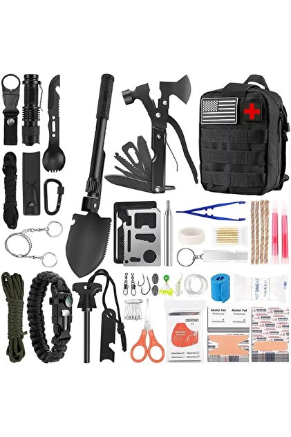 Kit de supraviețuire 34-în-1, cu lopată pliabilă, topor multifuncțional, lanternă, trusă tactică de prim ajutor, pentru camping, drumeții și pescuit, cadou pentru bărbați, tați, soți și iubitori de aventură, negru