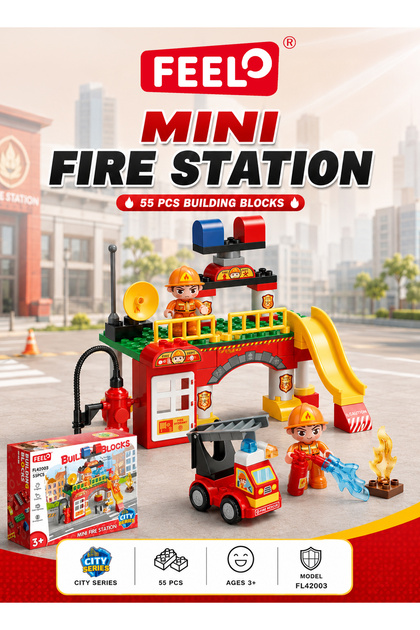 Mini Fire Station Building Blocks Set, 55 Pieces, FL42003 City Series with Fire Rescue Truck, 2 Firefighter Figures, Adjustable Ladder, Slide and Rescue Accessories, Ages 3+