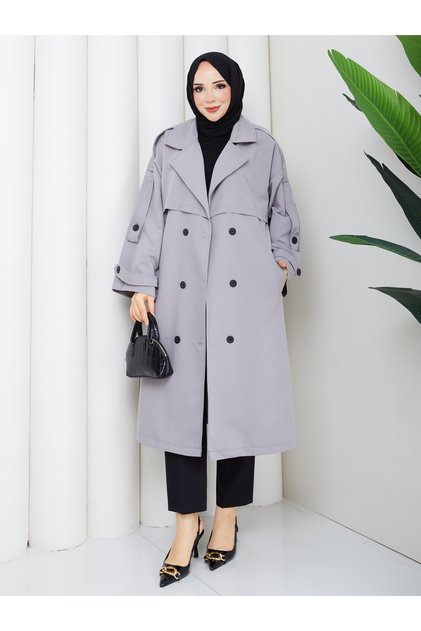 Kadın Oversize Düğmeli Tesettür Trençkot RC3111