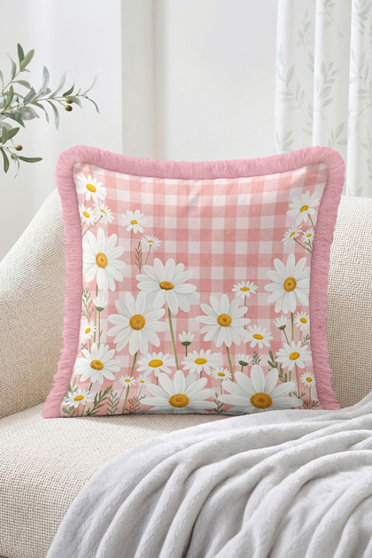 Daisy Flower Figured Checkered Patterned Fringed Throw Pillow Cover - Bohemian Decorative Pillowcase