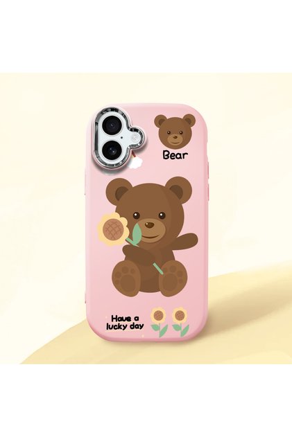 iPhone 16 Plus Compatible Case with Camera Protection Pink Silicone Couple Phone Case with Bear Pattern