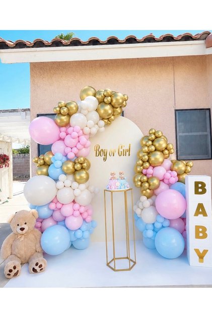 Gender Party Balloon Set Pink Blue Beige Gold Chrome Balloon Chain Set of 100