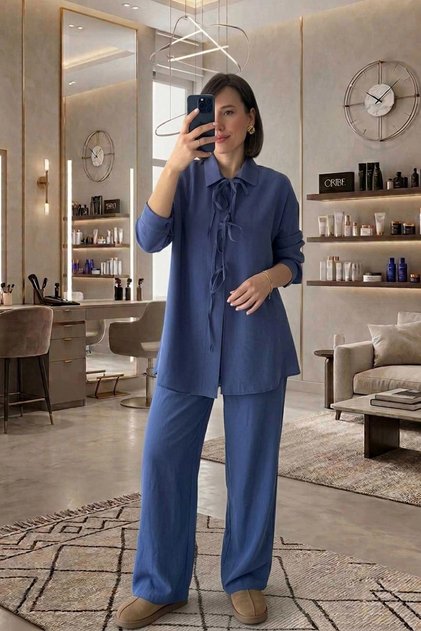 Lace-Up Tencel Indigo Tunic Pants Double Set