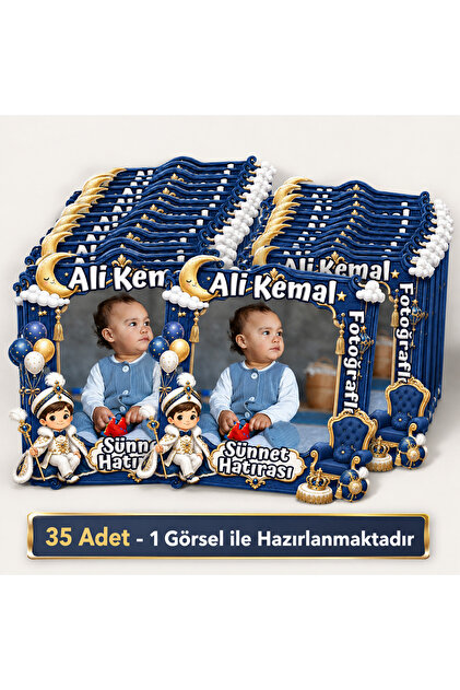 35 Adet Kişiye Özel Fotoğraflı Erkek Çocuk Sünnet Magneti Lacivert Gold Prens Konseptli