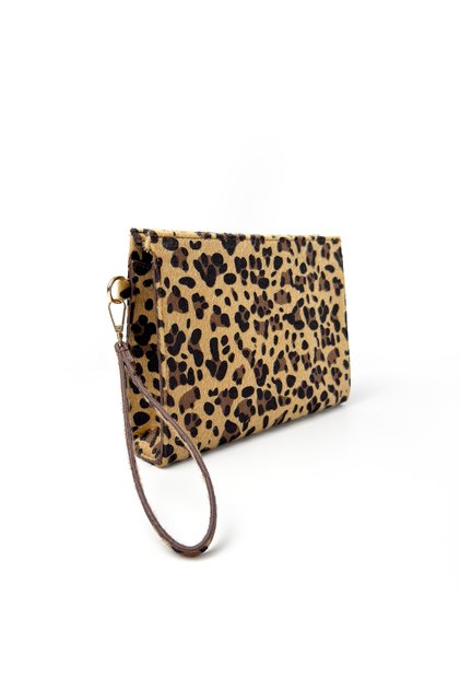 Sasha Leopar Desenli Suni Deri Clutch Kadın Portföy El Çantası