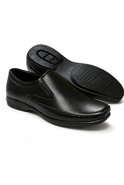 Men's Black Textured Moc-Toe Slip-On Formal Shoes, Business Loafers With Elastic Side Panels For Office, Work And Special Occasions