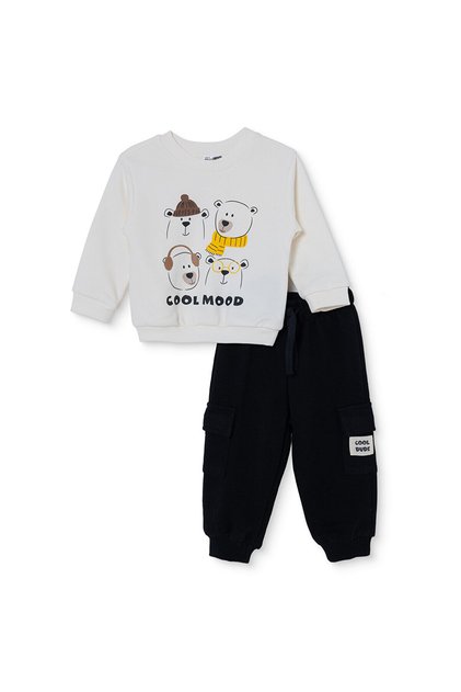 HelloBaby Erkek Bebek Eşofman Takımı Ayı Baskılı Bisiklet Yaka Long Sleeve Ribanalı