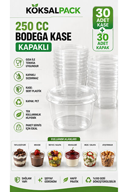 30 Pieces 250 Cc Bodega Bowl with Lid – Hard Plastic Bowl, Pet Lid, Transparent Dessert Appetizer Sauce Container