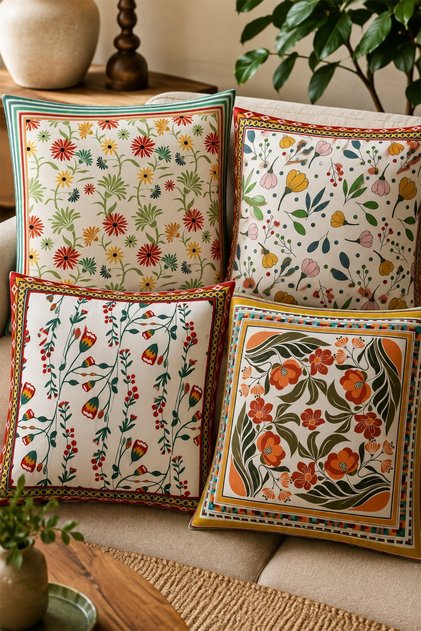 Framed Flowers Patterned 4-Piece Throw Pillow Cover Set