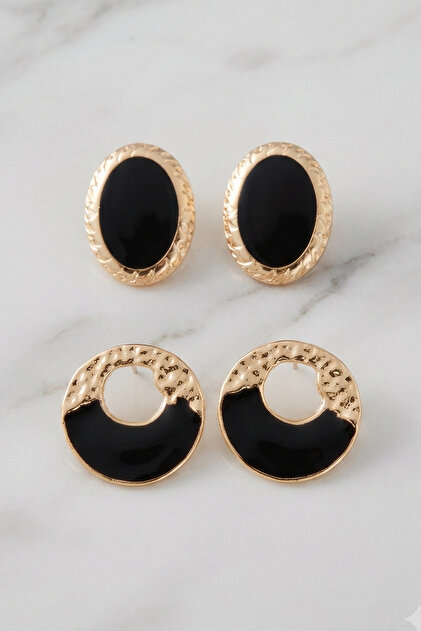 Black 2-Piece Perforated and Ellipse Vintage Earring Set