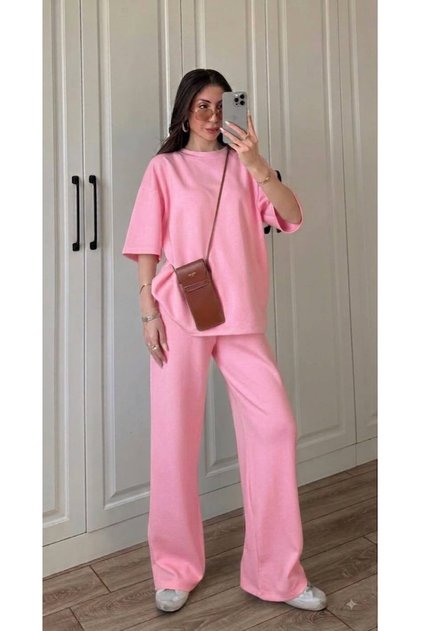 Women's Pink Oversize T-Shirt Elastic High Waist Sweatpants Modal Set