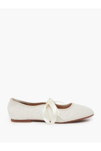 Beige Low Heel Ballet Flats with Ribbon Detail