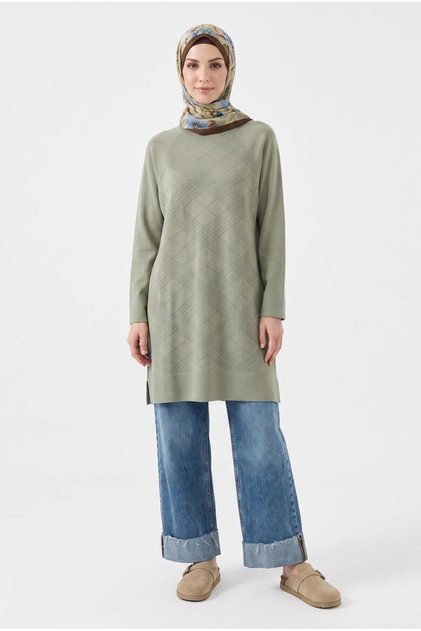 Trendy Raglan Sleeve Patterned Tight Fit Cold Yarn Knitwear Tunic-90 cm