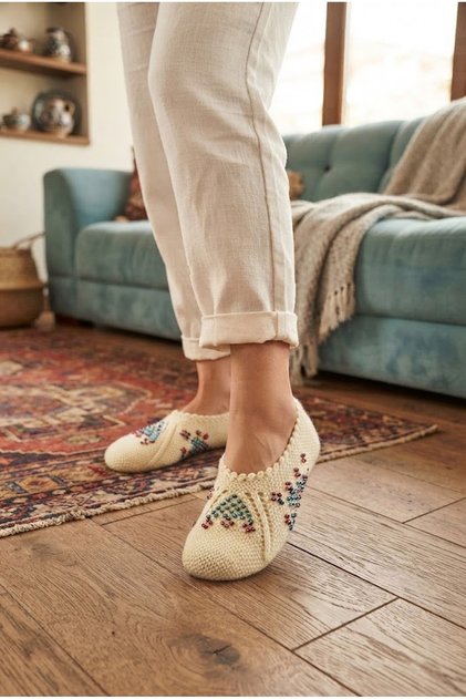 Handmade Bead Embroidered Cream Knitted Booties (Size 36-37) | Traditional Dowry House Shoes