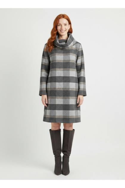 Women's Gray Plaid Patterned Long Sleeve Turtleneck Dress