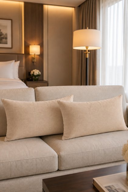 Otel Tipi 2'li Dikey Kırlent Kılıfı Bej Renk Lüks Otel & Konaklama Konsept Keten Dekoratif 50x70 cm