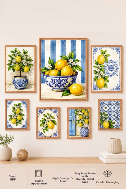 7 Piece Mediterranean Lemon Themed Wooden Frame Look Mdf Painting Set – Kitchen & Living Room Wall Decoration