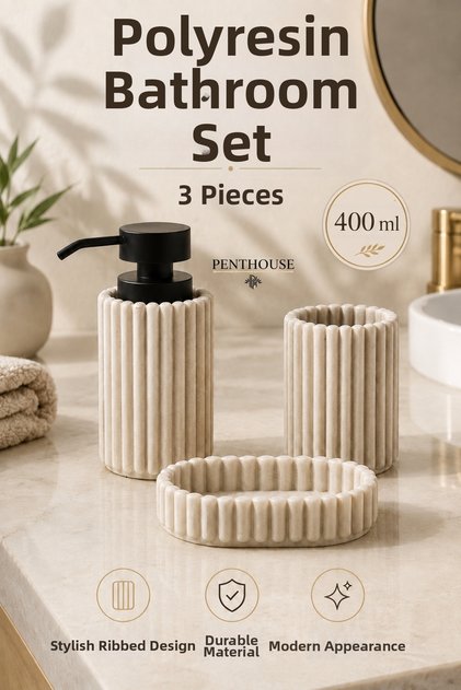 3 Piece Polyresin Bathroom Set Liquid Soap Dispenser, Toothbrush Holder and Solid Soap Dish Striped Beige Design