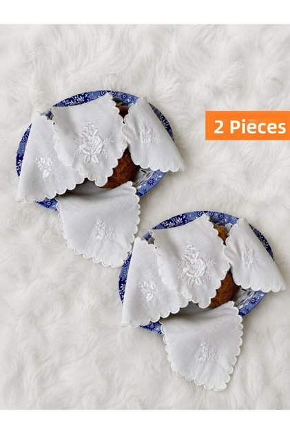 Set of 2 White Rose Embroidered Bread Covers