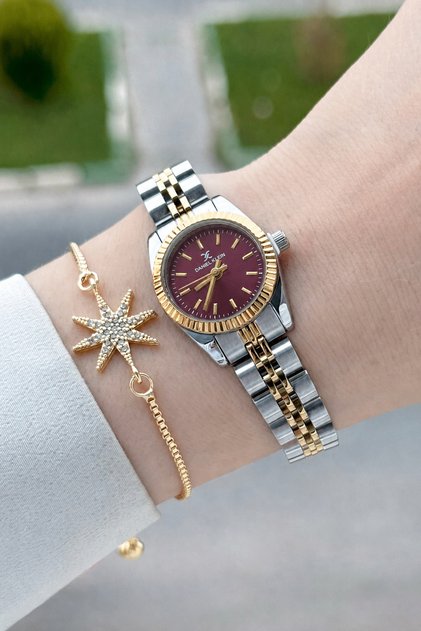 Dial Claret Red Cord Gold Silver Color 22.5 mm Women's Wristwatch and Bracelet with Gift Packaging
