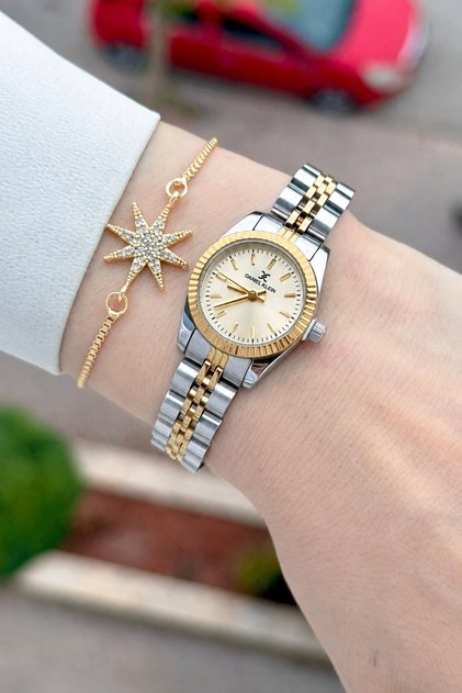 Women's Wristwatch and Bracelet with Dial Yellow Cord Gold Metallic Color 22.5 mm 2 Years Warranty