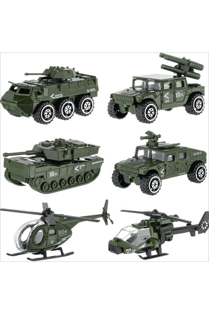 Green 6 Pack Army Toys Mini Assorted Alloy Metal Model Cars Tank, Heliter, Panzer, Anti-Air Vehicle