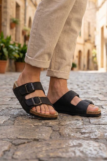 Summer Cork Sole Two Buckle Men's Slippers