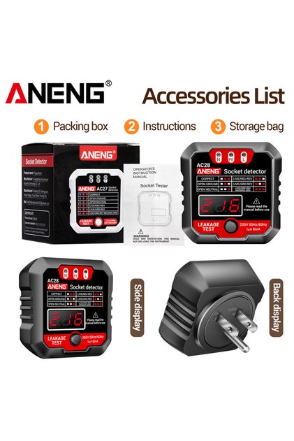 جهاز اختبار الطاقة الرقمي ANENG US Plug (أسود) - كاشف قواطع الدائرة الكهربائية ANENG AC28 - متوافق مع مقابس الاتحاد الأوروبي/الولايات المتحدة - 250 فولت 5 أمبير