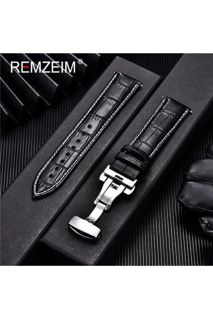22mm Black-w-s Genuine Calfskin Leather Watchbands Business Replace Watch Band 18mm 20mm 22mm 24mm W
