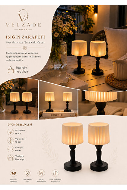 Mini Abajur Mumluk Seti 2'li - Dekoratif Tealight Mum HEDİYE - 13 cm - Modern Masa Üstü Aydınlatma Dekoru
