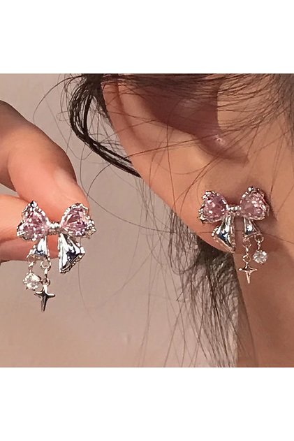AY 5808001 أقراط مرصعة بالزركون على شكل فيونكة Y2K جديدة للنساء، لون فضي كوري أنيق، كريستال وردي P