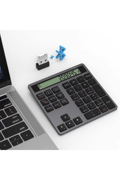 Grey Bluetooth Number Pad 2.4G Wireless Numeric Keypad with Display Calculator - Wireless Number Pa