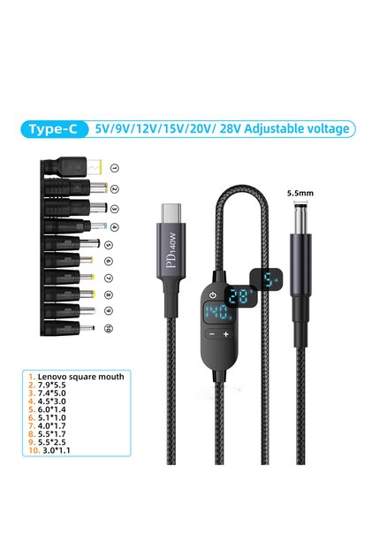 كابل طاقة USB-C إلى تيار مستمر 140 واط - TYX-BZ-10 في 1، من النوع C إلى جهد قابل للتعديل 5 فولت، 9 فولت، 12 فولت، 15 فولت، 20 فولت، 28 فولت