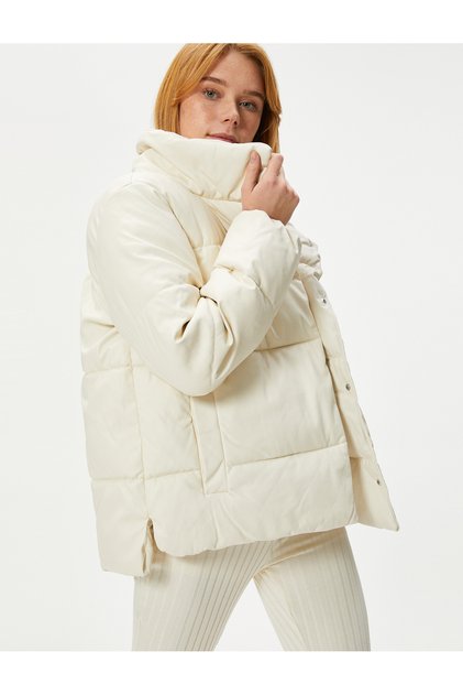 Short Puffer Jacket Leather Look Snap Button Stand Collar with Pockets