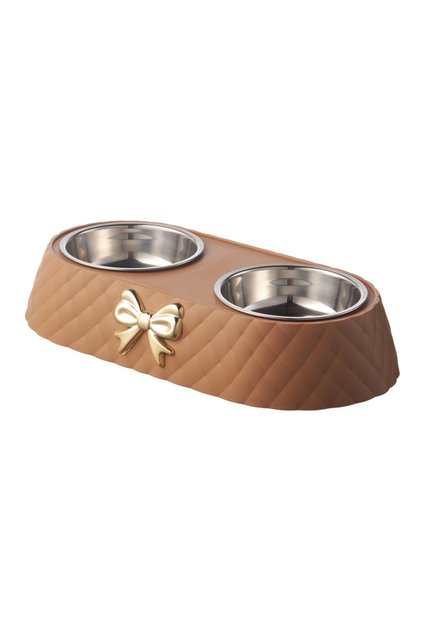 brown Pet Supplies Bow-tie Bowknot Cats Food Bowl PP Base Dog Bowl Stainless Steel Double Pet Access