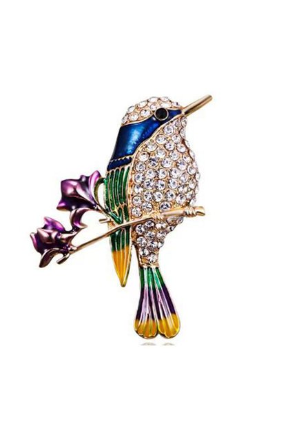 01zhitouniao-Blue Delicate Rhinestone Birds On Flower Branches Brooches For Women Men Enamel Flying