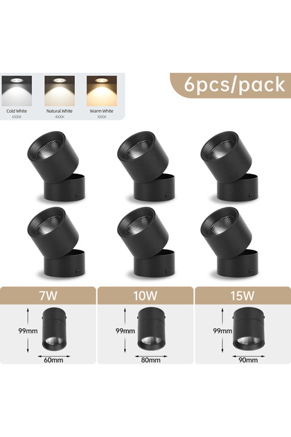 7W Warm Light 6 PCS Black Body Led Downlight Foldable Tri Color Spot Light 7/10/15W Surface Mounted