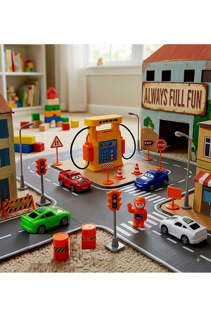 Araba Benzin Şarj istasyonu 15 Parça Oyuncak Set Figür Trafik Işığı Duba 2 Varil Uyarı Levhaları 4 Araçlı Eğitici Set