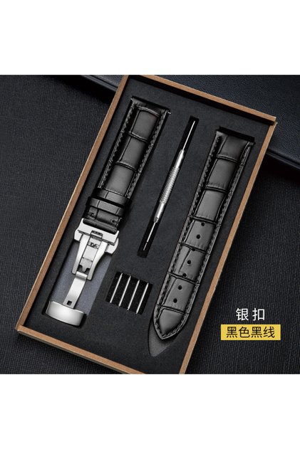 20mm Black-Silver Buckle Genuine Leather Strap with Wooden Box Watch Band Butterfly Clasp Bracelet