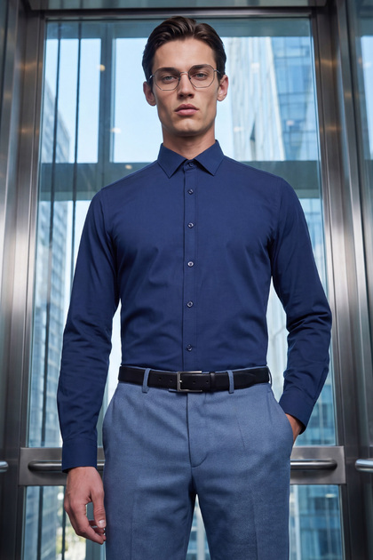 Lacivert Slim Fit Düz Pamuklu Slim Yaka Uzun Kollu Klasik Gömlek