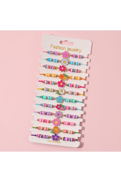 A 12Pcs/set Flower Fruit Charm Adjustable Handmade Rope Bracelets for Women Girls Birthday Party Jew