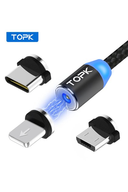 2m(6.6ft) Black 3 in1 Magnetic Charging Cable 3 IN 1 TOPK 360 Degree Rotating Magnetic Phone Charger