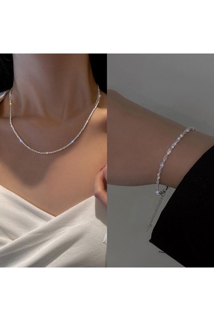 2Pcs Suit Shiny Sparkling Necklace Bracelet Set For Women Girls Minimalist Silver Plated Clavicle Ch
