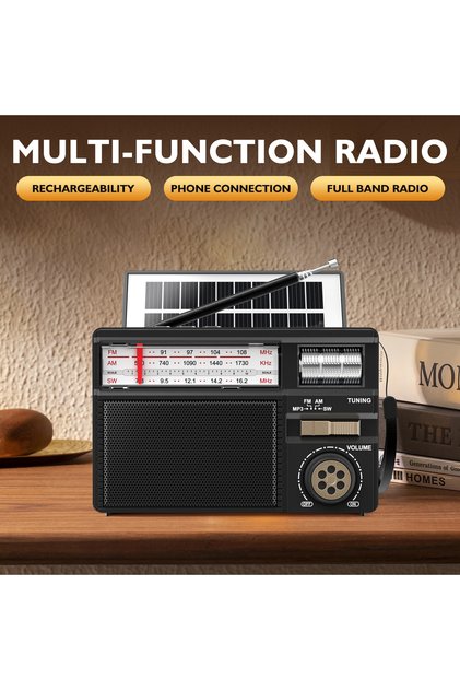black Retro All-Band Radio with Wireless Audio Connectivity, Solar & Multi-Mode Charging, Long-Lasti