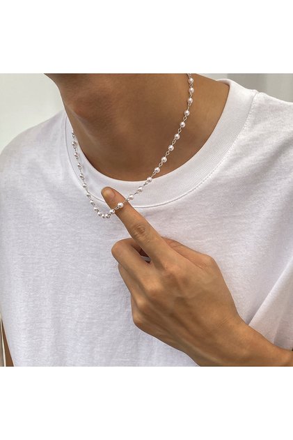 White S01 Small Imitation Pearl Beads Chain Short Choker Necklace for Men Trendy Beaded Chain Neckla