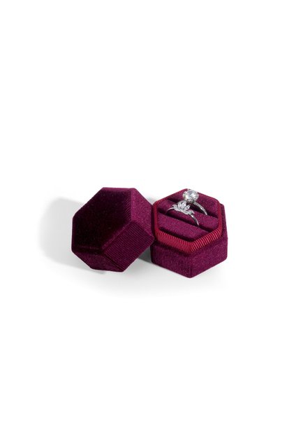 Red Vintage Hexagon Velvet Jewelry Double Ring Box Empty Case Holder for Engagement Wedding Ceremony
